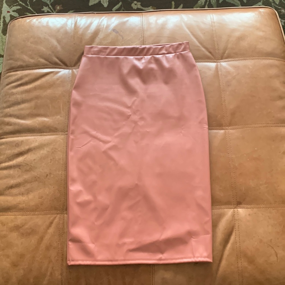 Pink leather midi skirt!